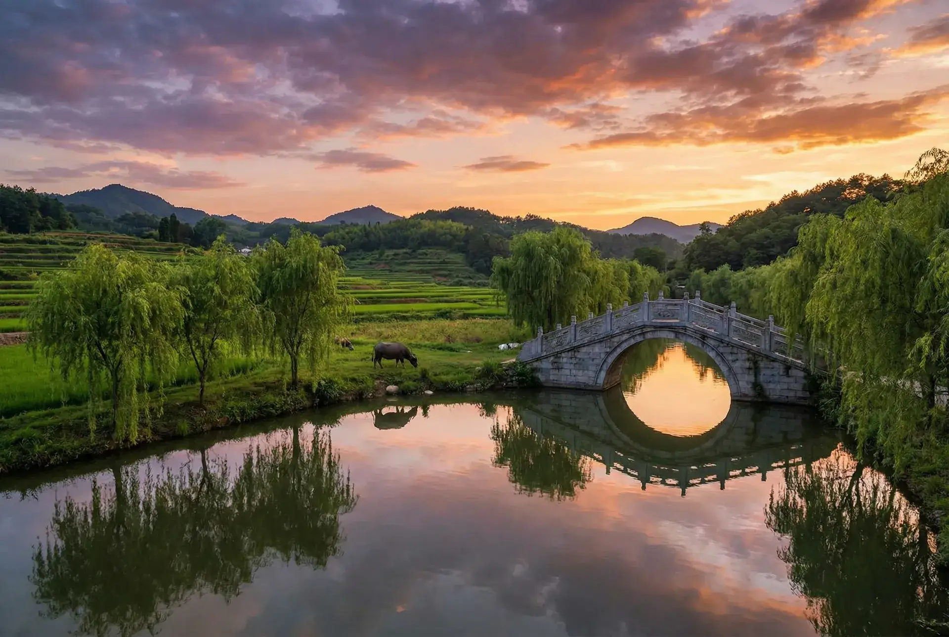 夕阳下的石拱桥与垂柳，水牛在河边吃草 - 男人的天堂av社区在线 乡村美景